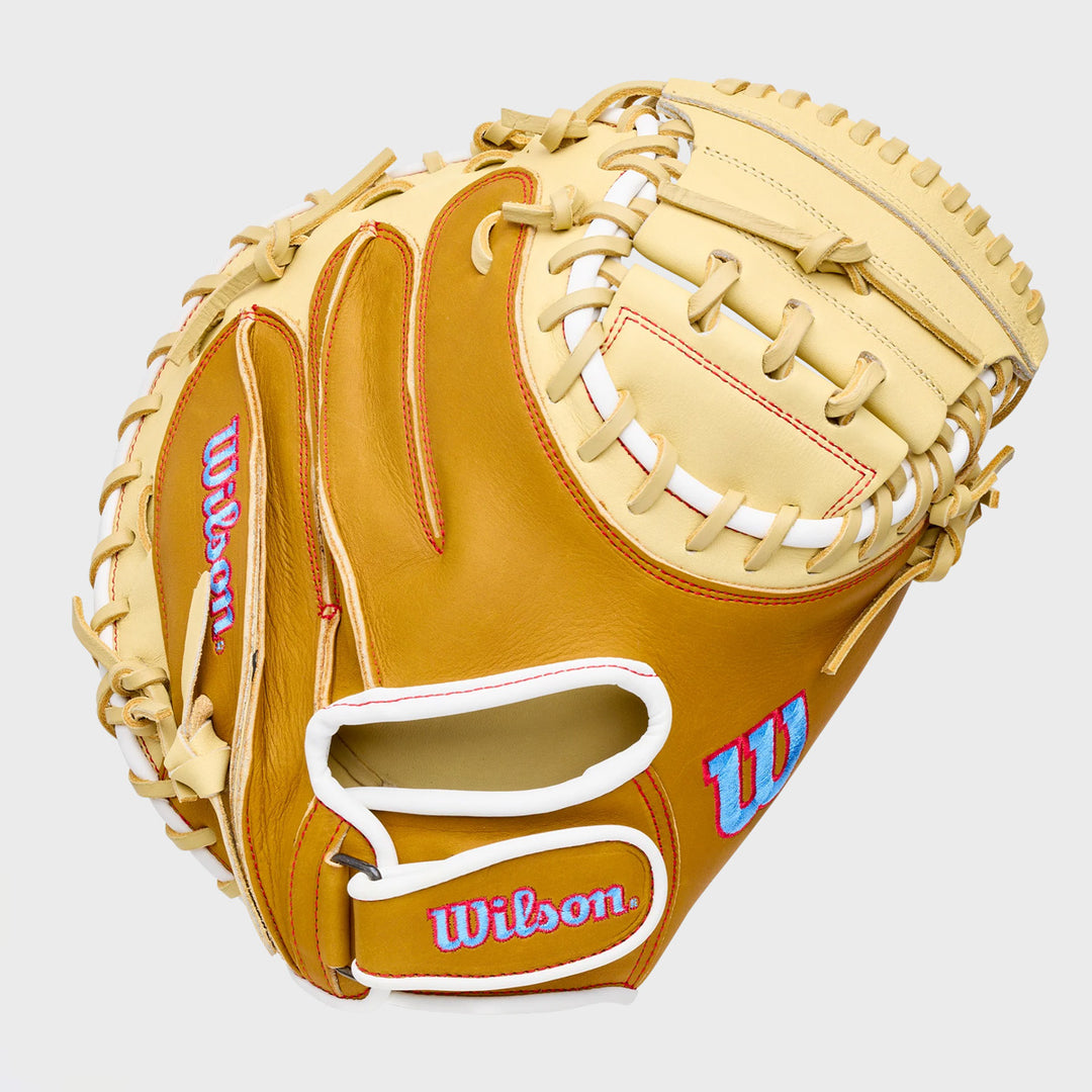 Wilson 2027 A1000 PF33 33" Catchers Mitt - Blonde/Saddle Tan/White/Cool Blue/Red