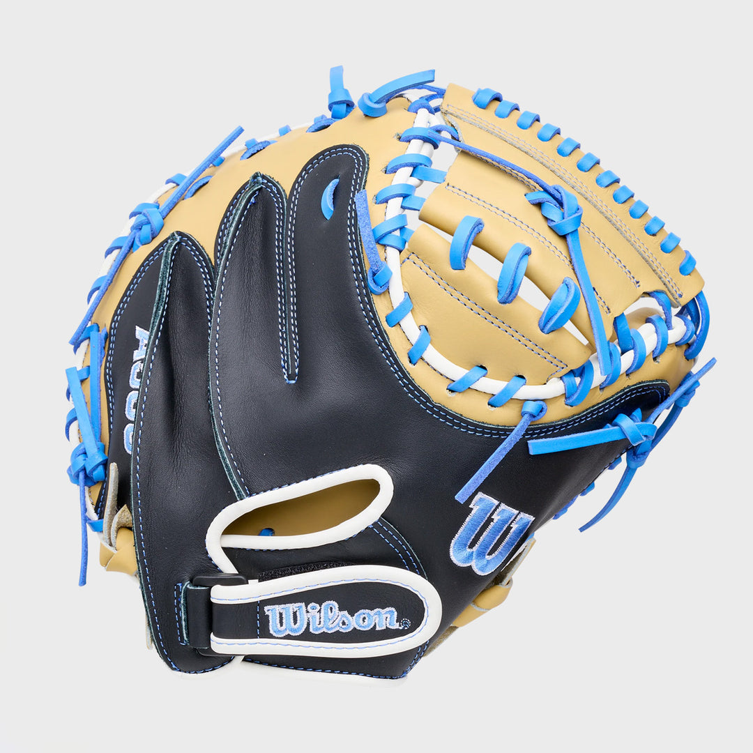 Wilson 2027 A500 32" Catchers Mitt w/ Quick-Fit Wrist System - Blonde/Black/Cool Blue/White