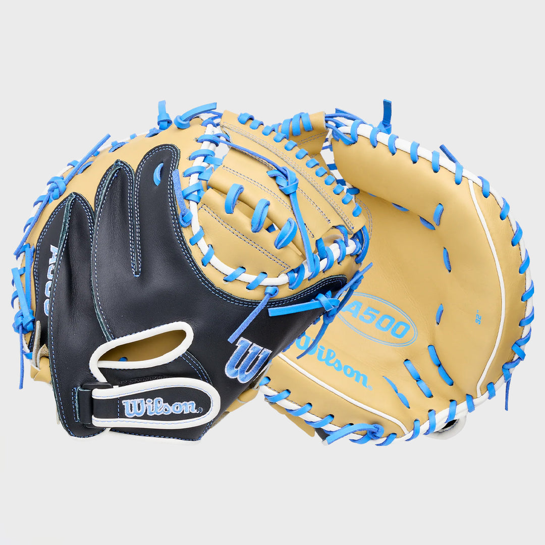 Wilson 2027 A500 32" Catchers Mitt w/ Quick-Fit Wrist System - Blonde/Black/Cool Blue/White