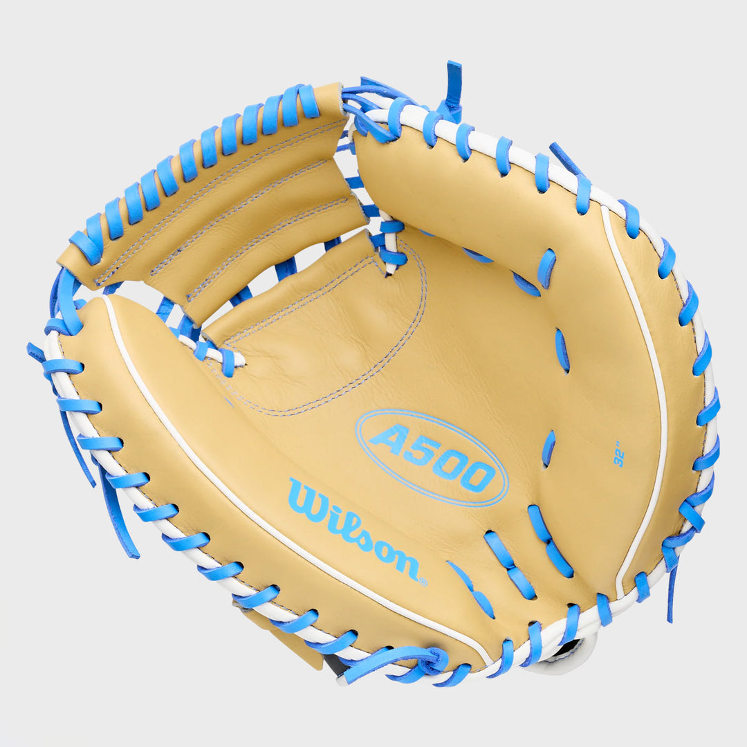 Wilson 2027 A500 32" Catchers Mitt w/ Quick-Fit Wrist System - Blonde/Black/Cool Blue/White