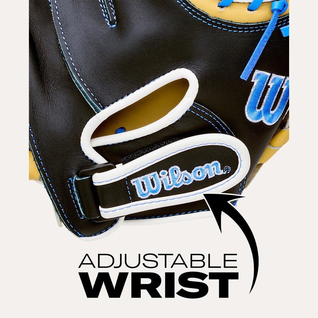 Wilson 2027 A500 32" Catchers Mitt w/ Quick-Fit Wrist System - Blonde/Black/Cool Blue/White