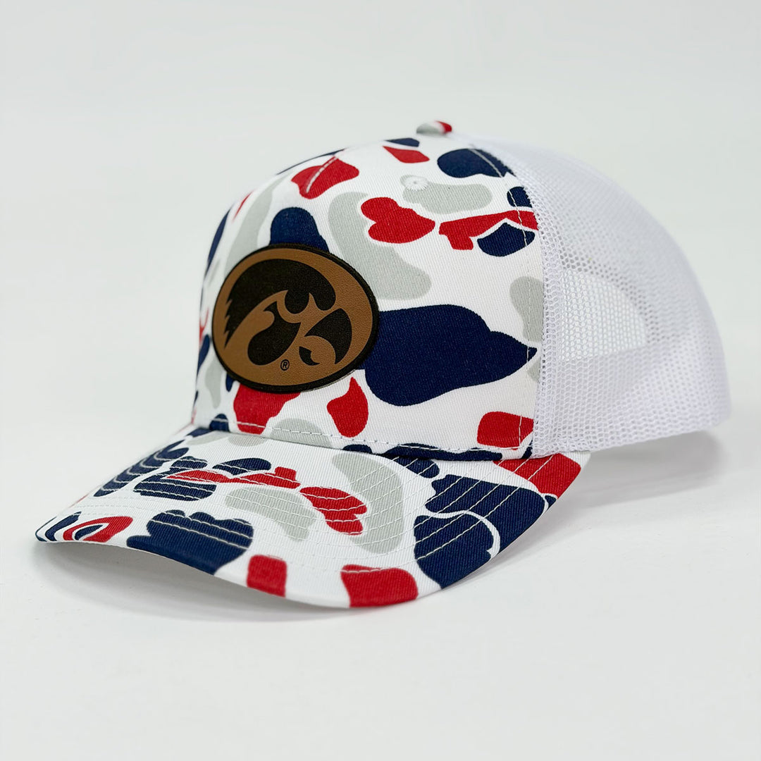 Iowa Hawkeye Tigerhawk Leather Patch Cap - Americana Duck Camo