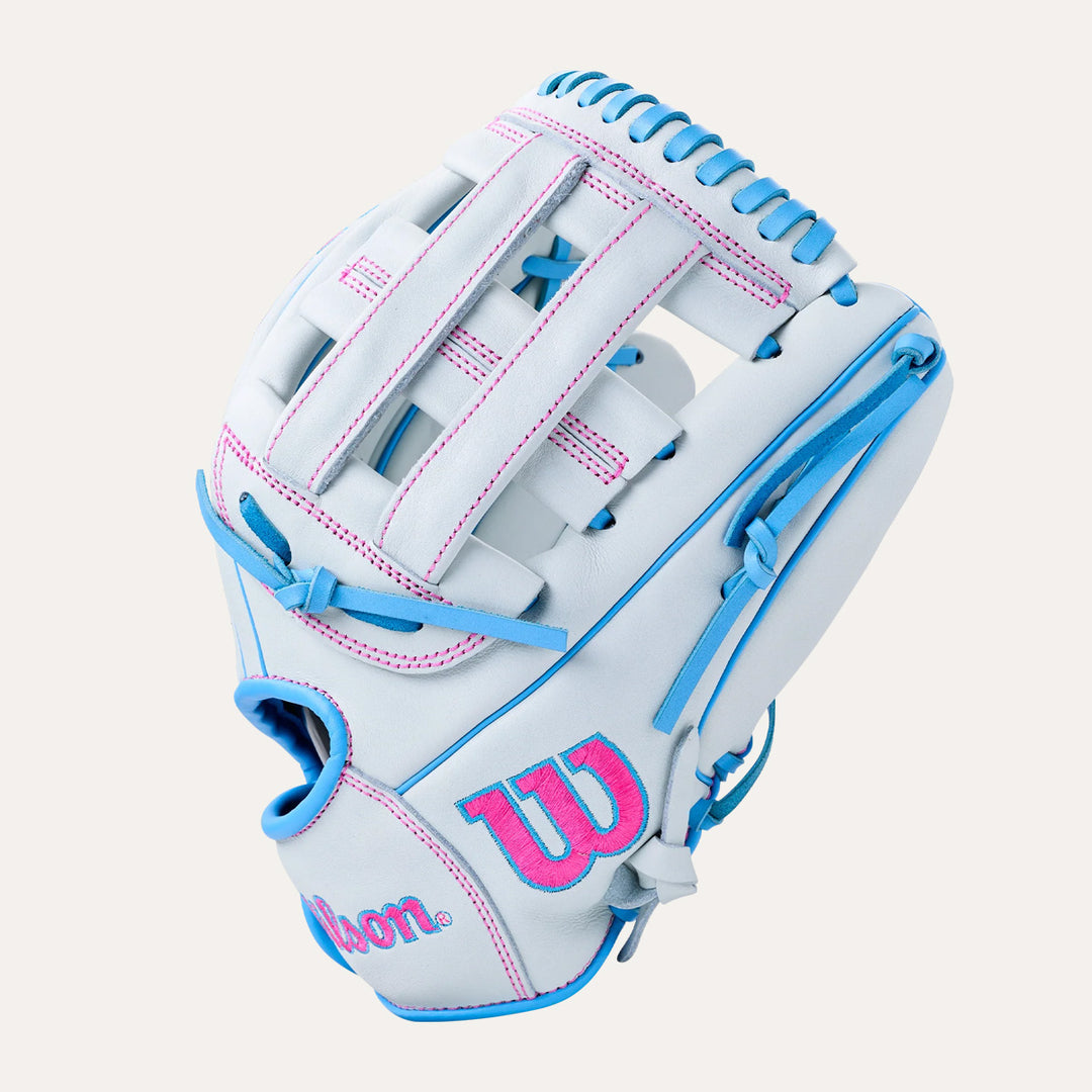 Wilson 2027 A700FP 12" w/ Drawstring Wrist Adj. - White/Cool Blue/Pink