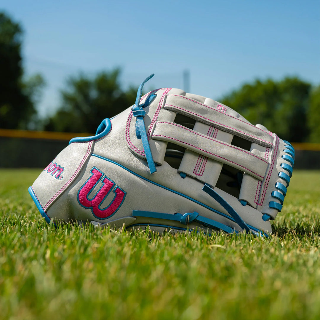Wilson 2027 A700FP 12" w/ Drawstring Wrist Adj. - White/Cool Blue/Pink