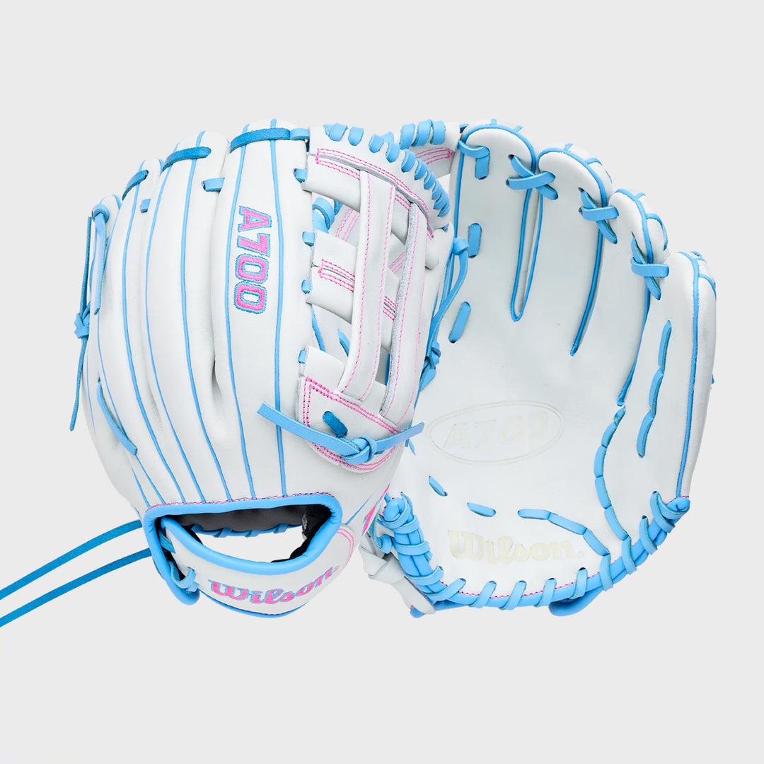 Wilson 2027 A700FP 12" w/ Drawstring Wrist Adj. - White/Cool Blue/Pink